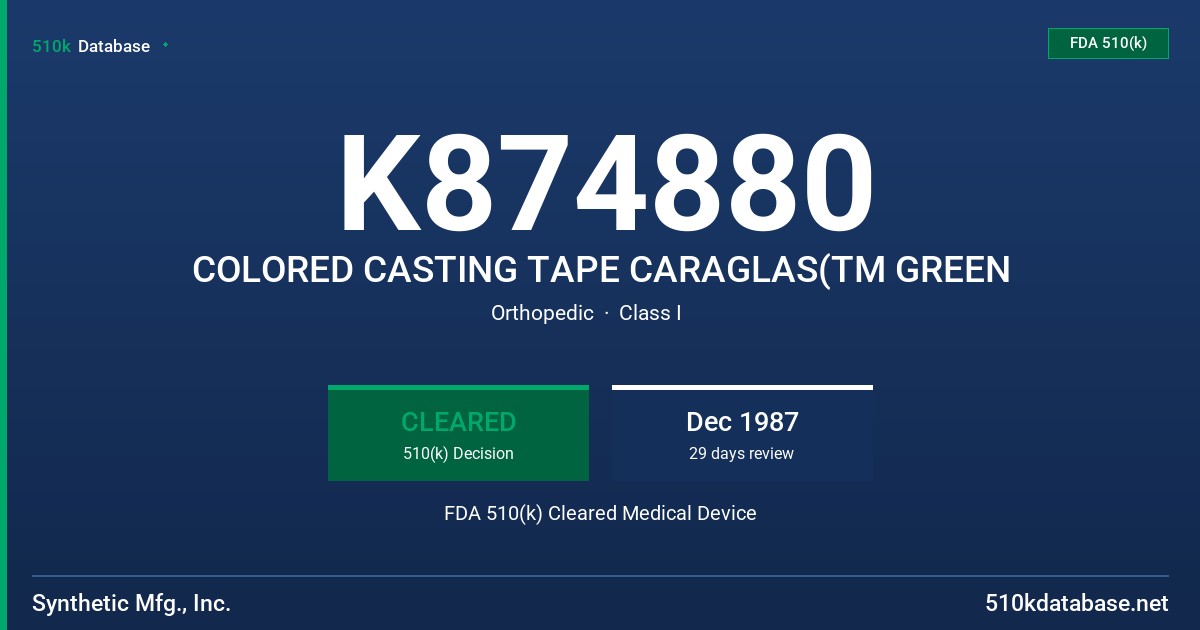 K874880 COLORED CASTING TAPE CARAGLAS(TM GREEN FDA 510(k) Cleared Medical Device