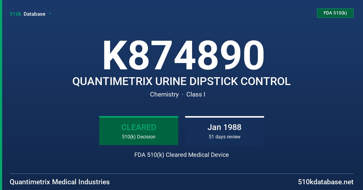 K874890 QUANTIMETRIX URINE DIPSTICK CONTROL FDA 510(k) Cleared Medical Device