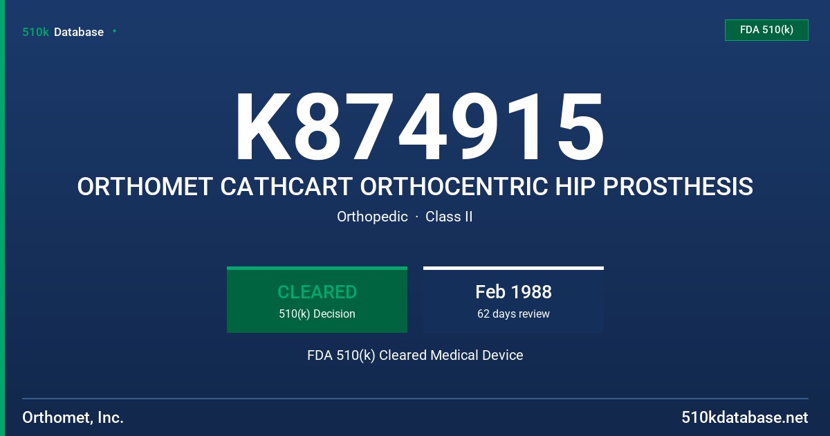 K874915 ORTHOMET CATHCART ORTHOCENTRIC HIP PROSTHESIS FDA 510(k) Cleared Medical Device