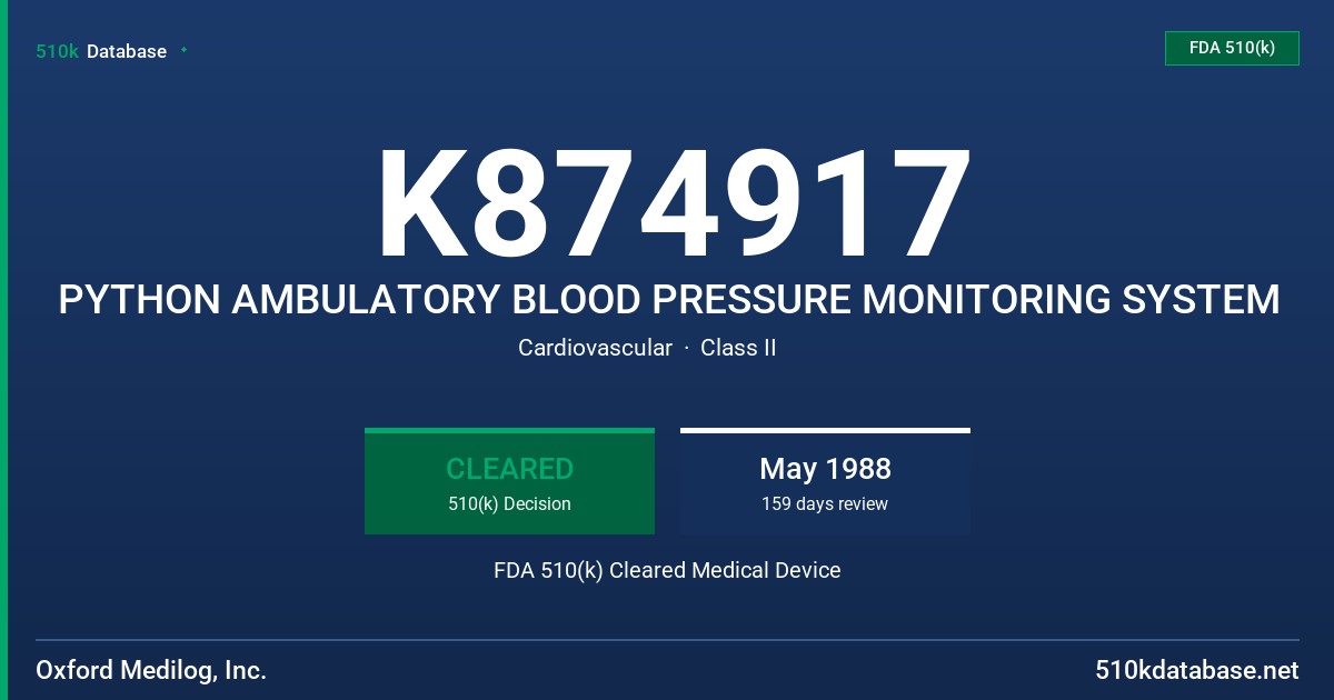 K874917 PYTHON AMBULATORY BLOOD PRESSURE MONITORING SYSTEM FDA 510(k) Cleared Medical Device