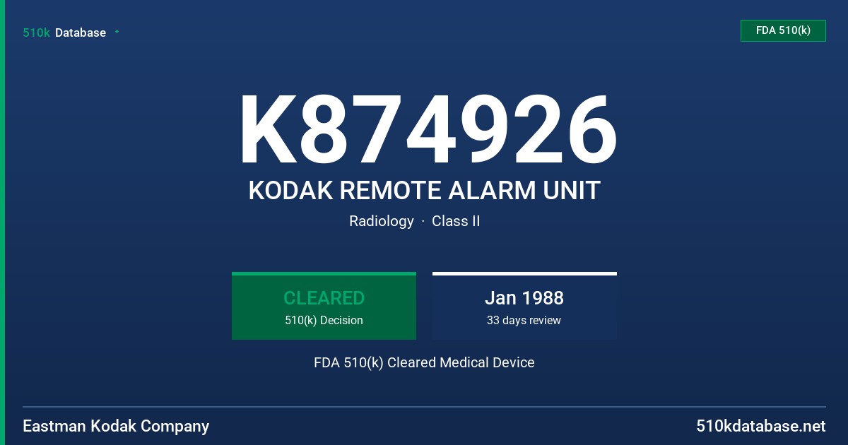 K874926 KODAK REMOTE ALARM UNIT FDA 510(k) Cleared Medical Device