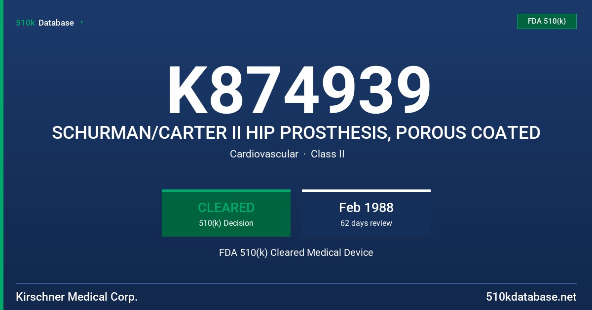 K874939 SCHURMAN/CARTER II HIP PROSTHESIS, POROUS COATED FDA 510(k) Cleared Medical Device