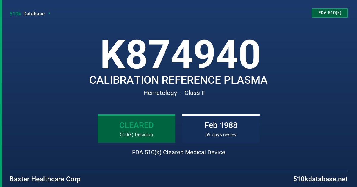 K874940 CALIBRATION REFERENCE PLASMA FDA 510(k) Cleared Medical Device