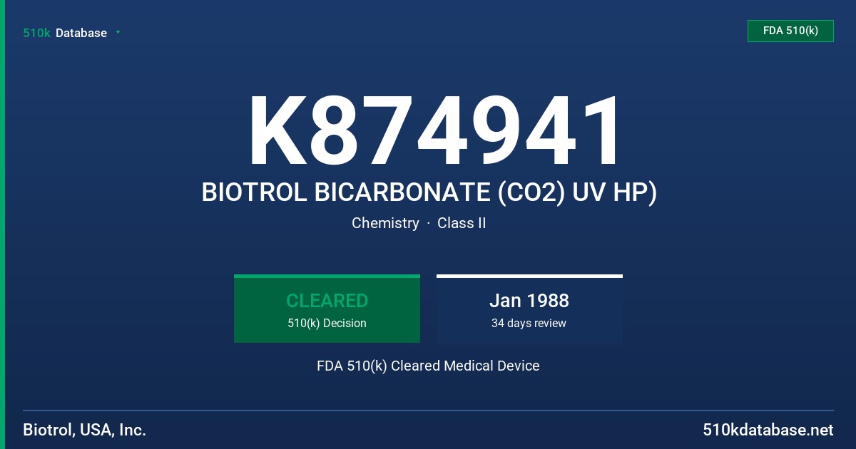 K874941 BIOTROL BICARBONATE (CO2) UV HP) FDA 510(k) Cleared Medical Device