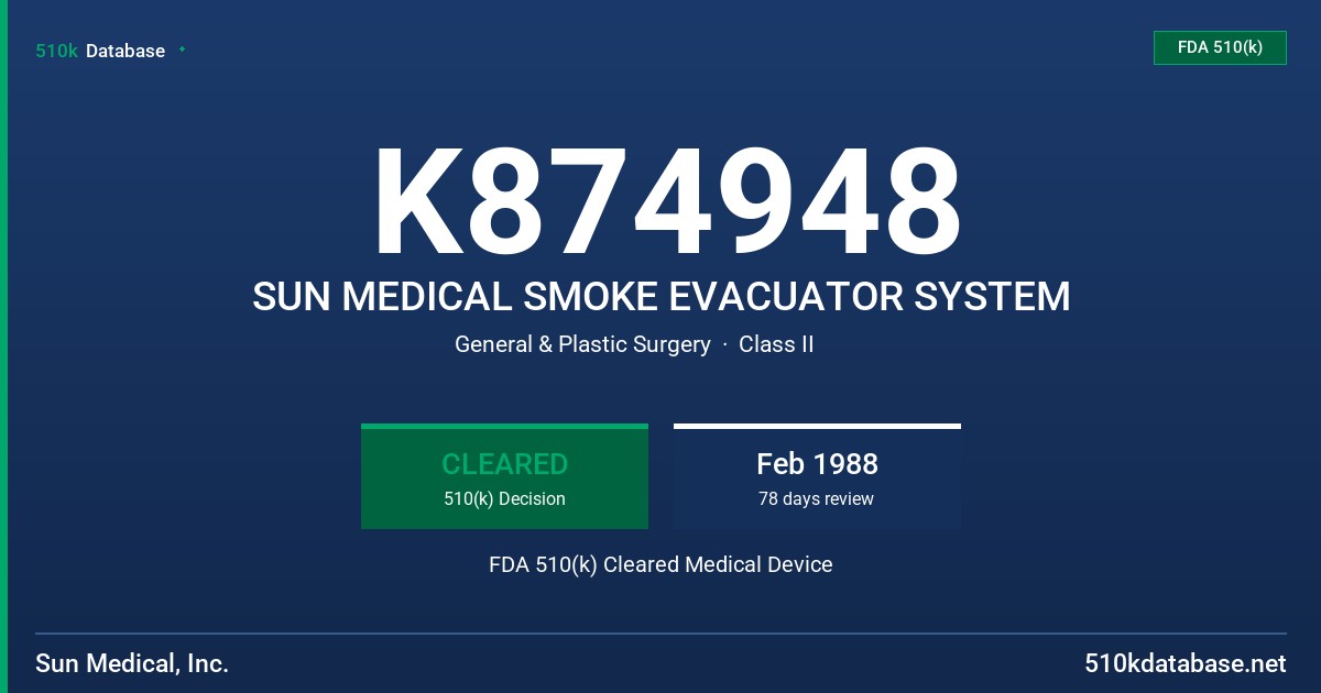 K874948 SUN MEDICAL SMOKE EVACUATOR SYSTEM FDA 510(k) Cleared Medical Device