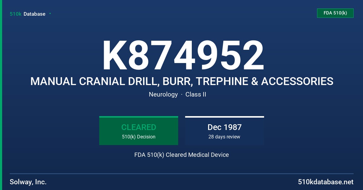 K874952 MANUAL CRANIAL DRILL, BURR, TREPHINE & ACCESSORIES FDA 510(k) Cleared Medical Device