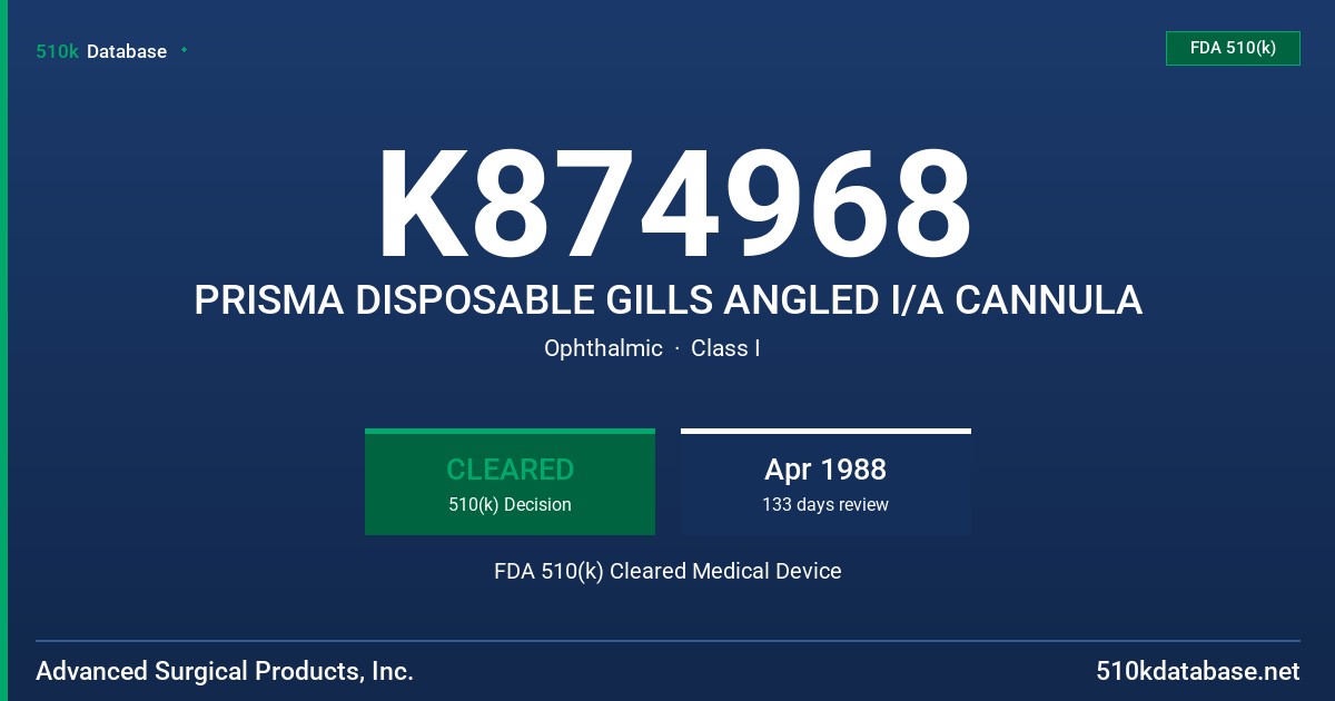 K874968 PRISMA DISPOSABLE GILLS ANGLED I/A CANNULA FDA 510(k) Cleared Medical Device