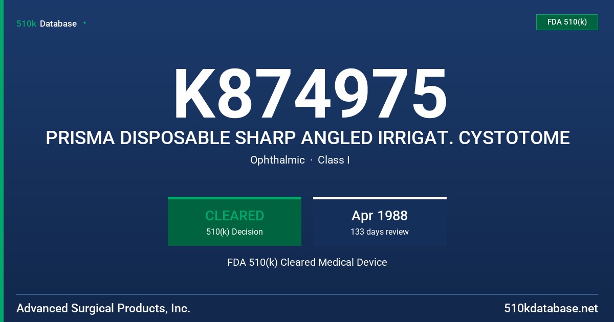 K874975 PRISMA DISPOSABLE SHARP ANGLED IRRIGAT. CYSTOTOME FDA 510(k) Cleared Medical Device