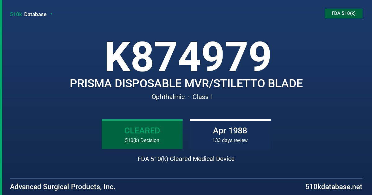 K874979 PRISMA DISPOSABLE MVR/STILETTO BLADE FDA 510(k) Cleared Medical Device