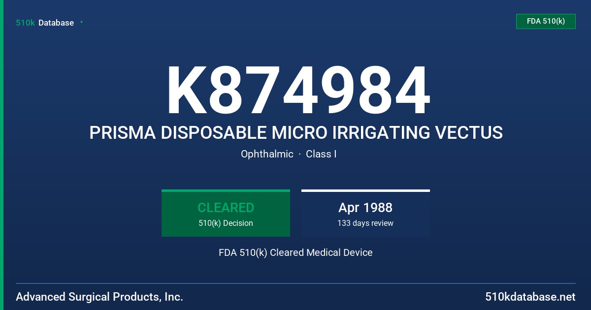 K874984 PRISMA DISPOSABLE MICRO IRRIGATING VECTUS FDA 510(k) Cleared Medical Device