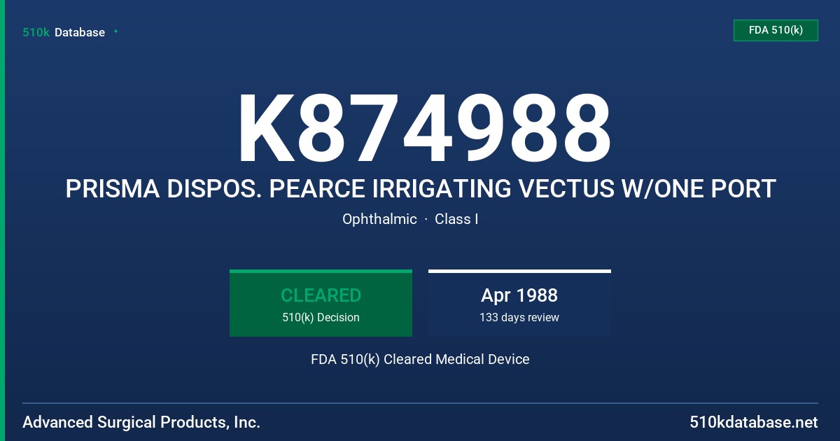 K874988 PRISMA DISPOS. PEARCE IRRIGATING VECTUS W/ONE PORT FDA 510(k) Cleared Medical Device