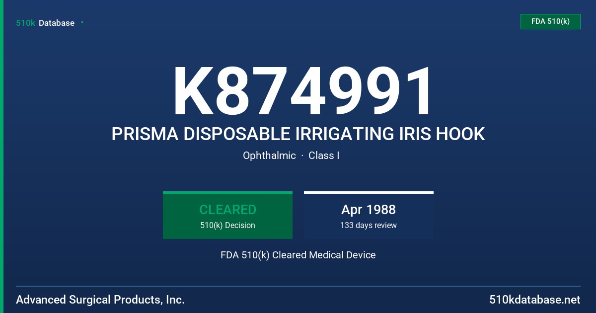 K874991 PRISMA DISPOSABLE IRRIGATING IRIS HOOK FDA 510(k) Cleared Medical Device