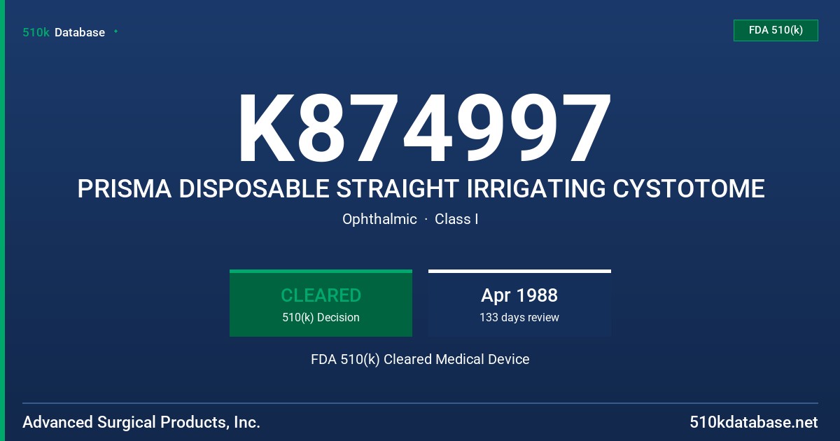 K874997 PRISMA DISPOSABLE STRAIGHT IRRIGATING CYSTOTOME FDA 510(k) Cleared Medical Device