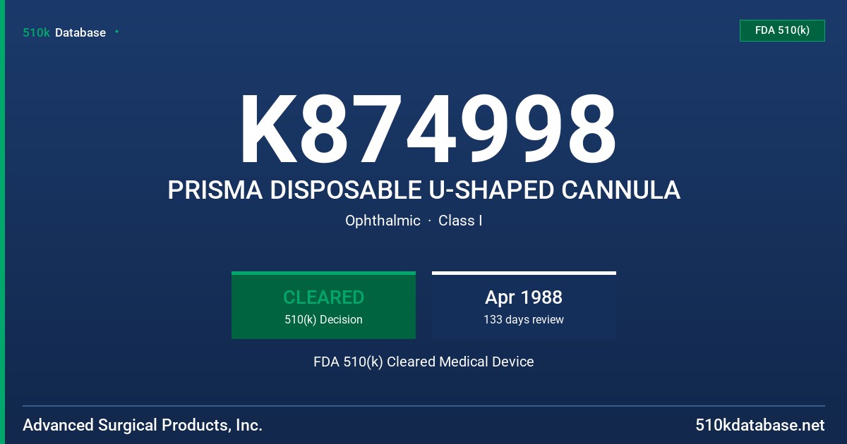 K874998 PRISMA DISPOSABLE U-SHAPED CANNULA FDA 510(k) Cleared Medical Device
