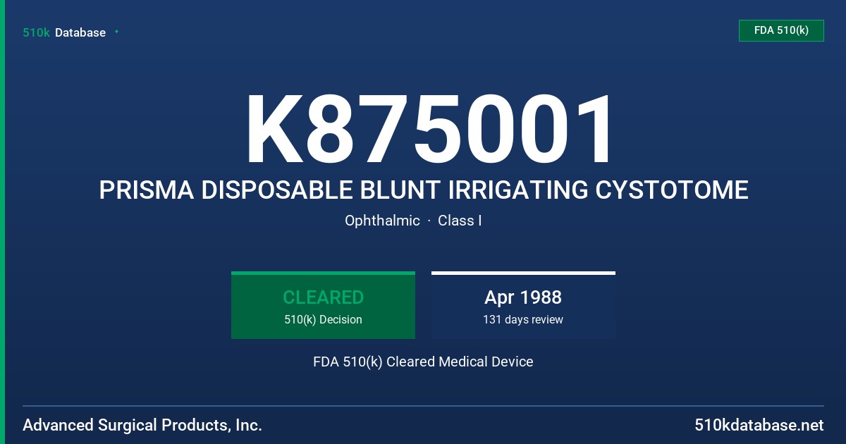 K875001 PRISMA DISPOSABLE BLUNT IRRIGATING CYSTOTOME FDA 510(k) Cleared Medical Device