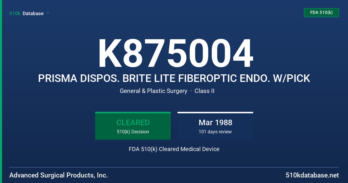 K875004 PRISMA DISPOS. BRITE LITE FIBEROPTIC ENDO. W/PICK FDA 510(k) Cleared Medical Device