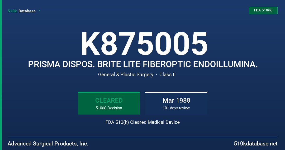 K875005 PRISMA DISPOS. BRITE LITE FIBEROPTIC ENDOILLUMINA. FDA 510(k) Cleared Medical Device