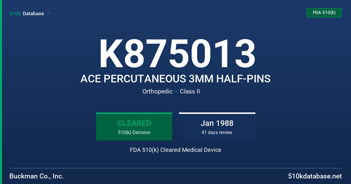 K875013 ACE PERCUTANEOUS 3MM HALF-PINS FDA 510(k) Cleared Medical Device