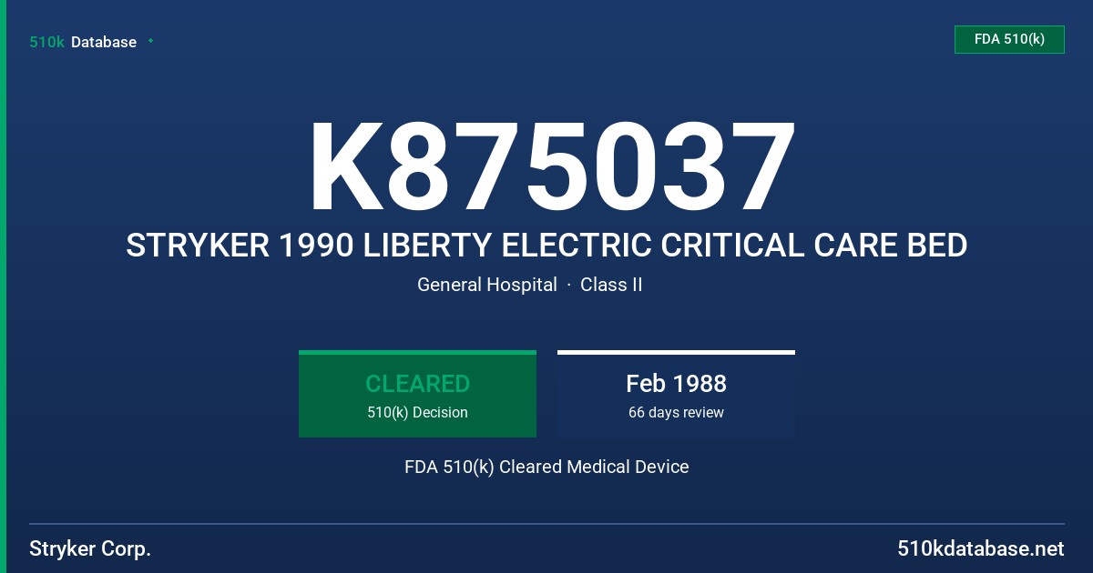 K875037 STRYKER 1990 LIBERTY ELECTRIC CRITICAL CARE BED FDA 510(k) Cleared Medical Device