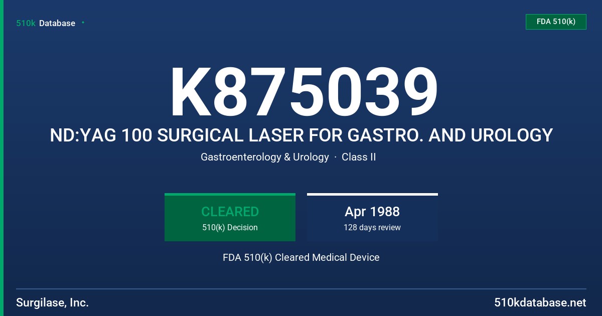 K875039 ND:YAG 100 SURGICAL LASER FOR GASTRO. AND UROLOGY FDA 510(k) Cleared Medical Device