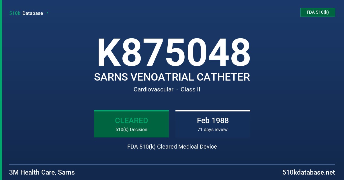 K875048 SARNS VENOATRIAL CATHETER FDA 510(k) Cleared Medical Device