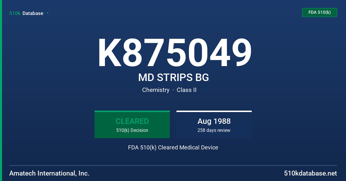 K875049 MD STRIPS BG FDA 510(k) Cleared Medical Device