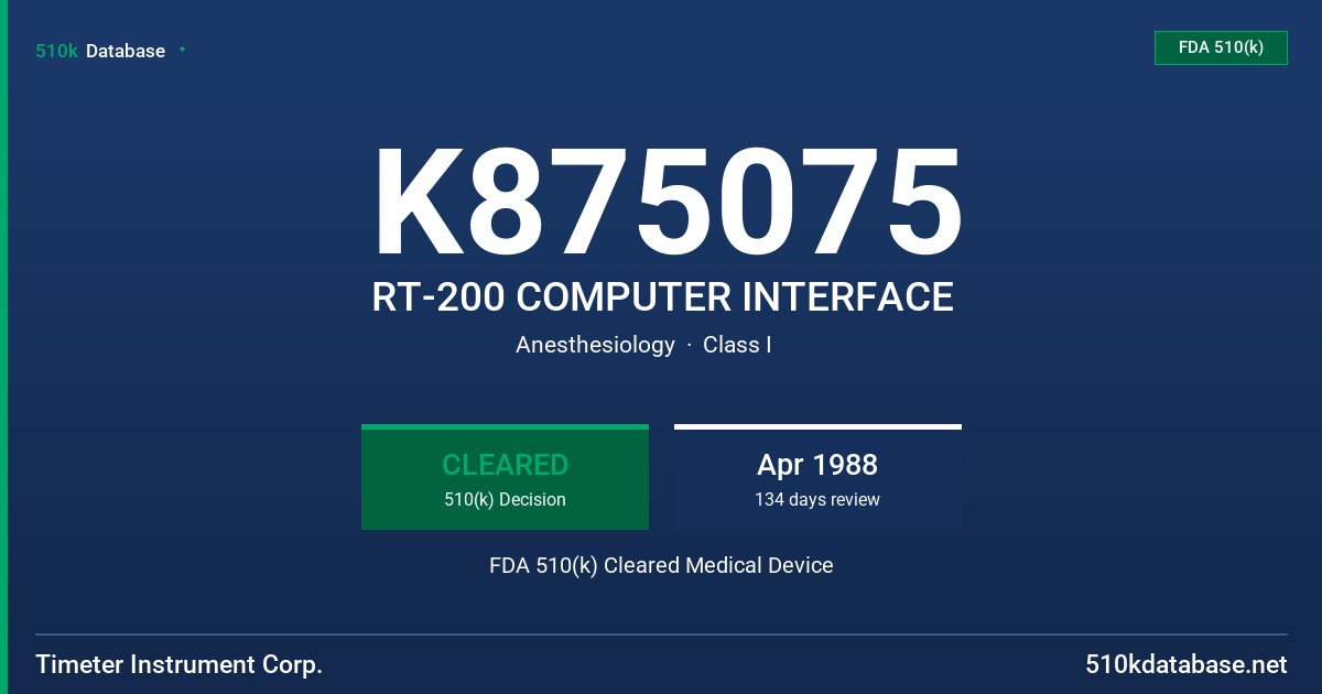 K875075 RT-200 COMPUTER INTERFACE FDA 510(k) Cleared Medical Device