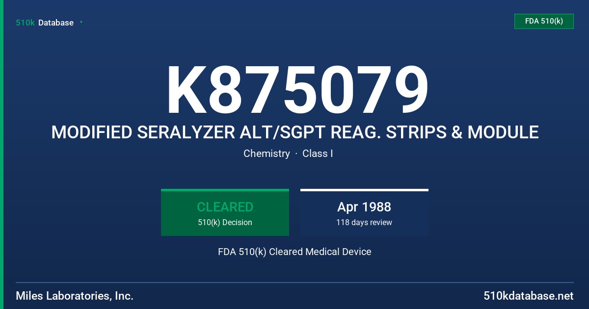 K875079 MODIFIED SERALYZER ALT/SGPT REAG. STRIPS & MODULE FDA 510(k) Cleared Medical Device