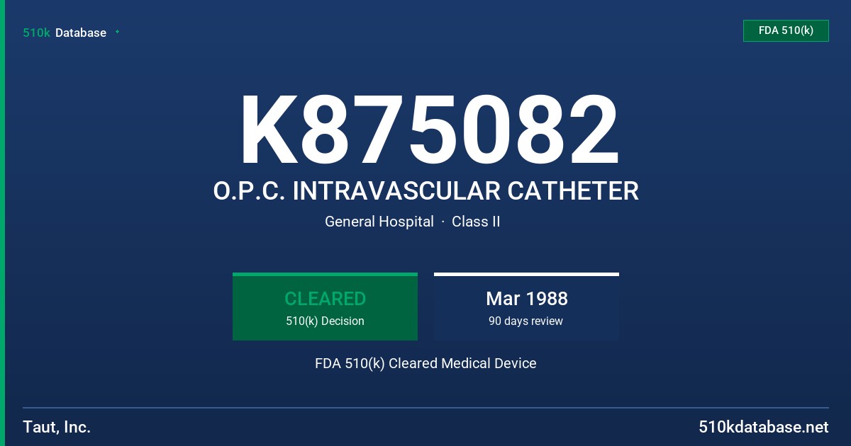 K875082 O.P.C. INTRAVASCULAR CATHETER FDA 510(k) Cleared Medical Device