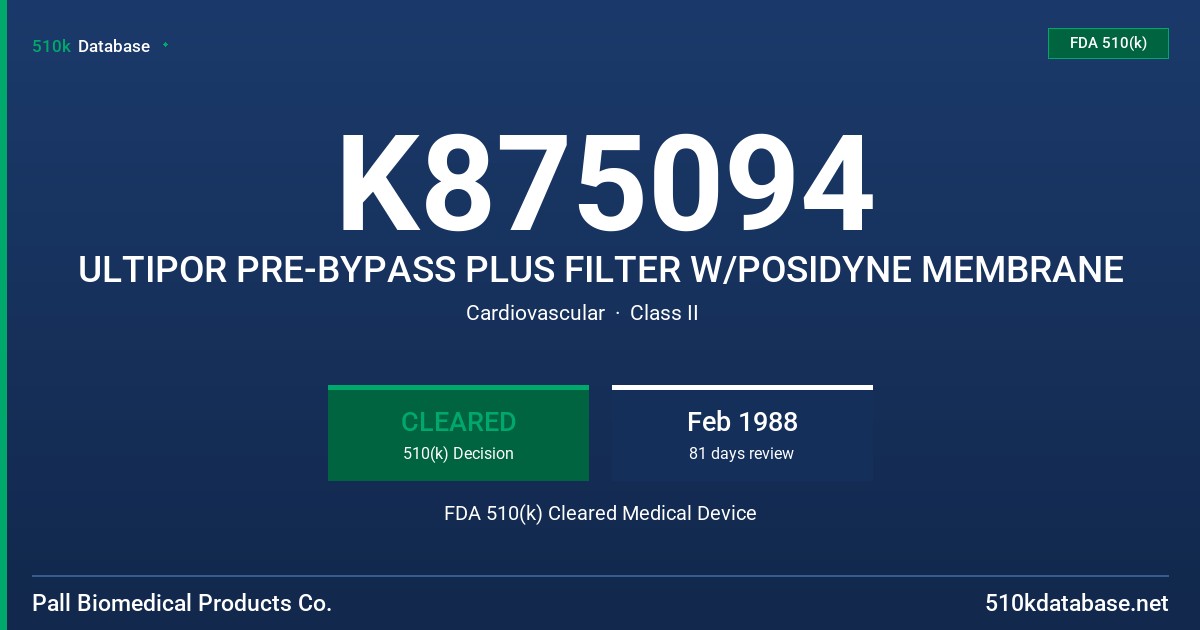 K875094 ULTIPOR PRE-BYPASS PLUS FILTER W/POSIDYNE MEMBRANE FDA 510(k) Cleared Medical Device