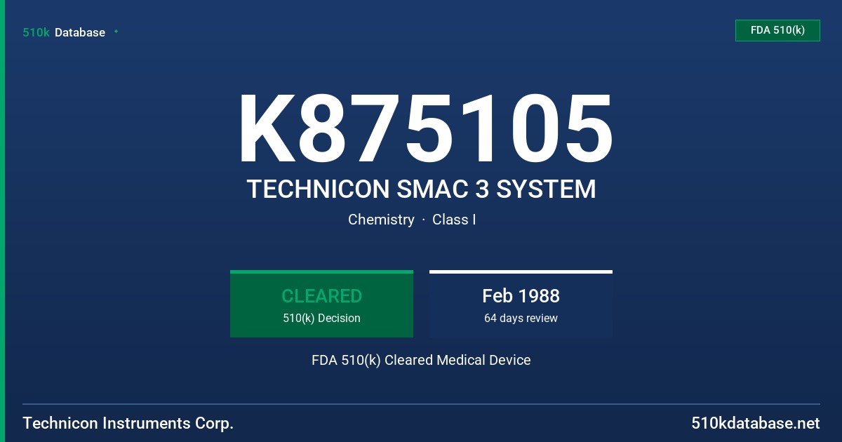 K875105 TECHNICON SMAC 3 SYSTEM FDA 510(k) Cleared Medical Device