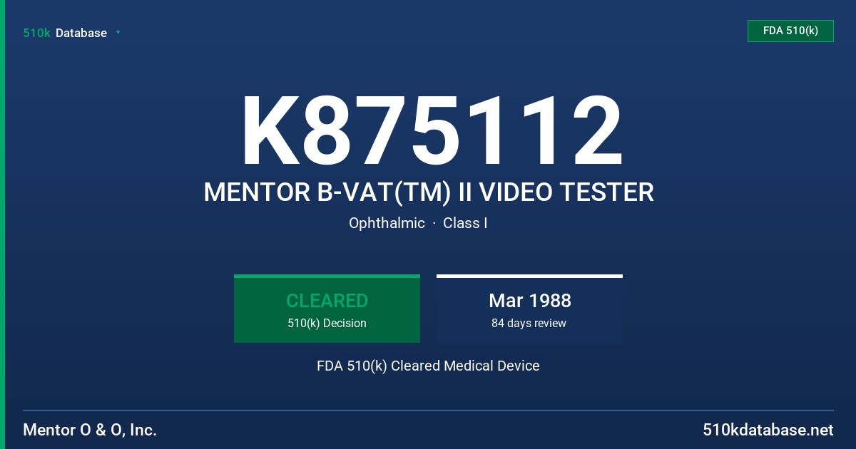 K875112 MENTOR B-VAT(TM) II VIDEO TESTER FDA 510(k) Cleared Medical Device