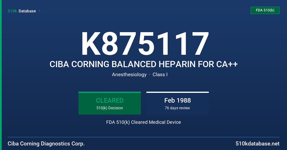 K875117 CIBA CORNING BALANCED HEPARIN FOR CA++ FDA 510(k) Cleared Medical Device