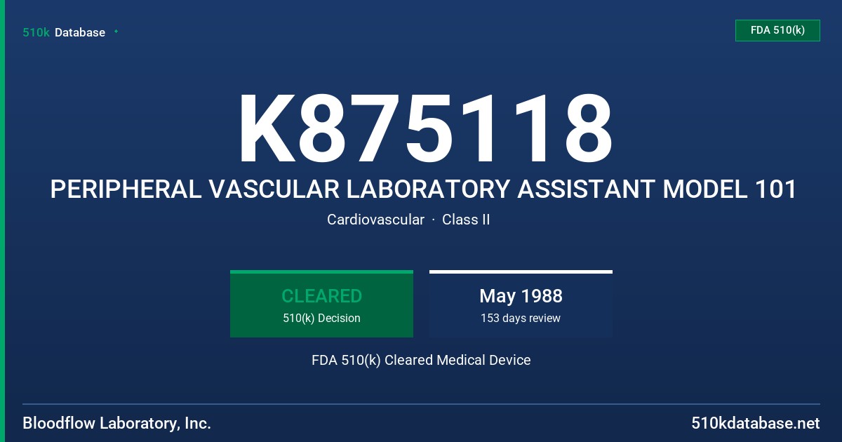 K875118 PERIPHERAL VASCULAR LABORATORY ASSISTANT MODEL 101 FDA 510(k) Cleared Medical Device