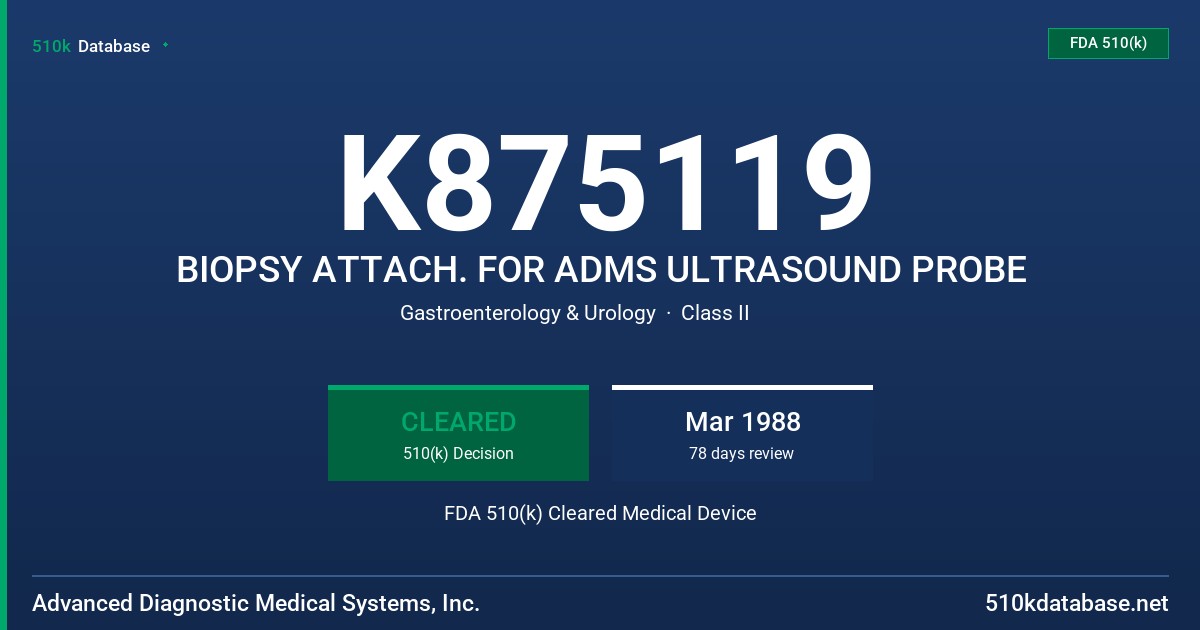 K875119 BIOPSY ATTACH. FOR ADMS ULTRASOUND PROBE FDA 510(k) Cleared Medical Device