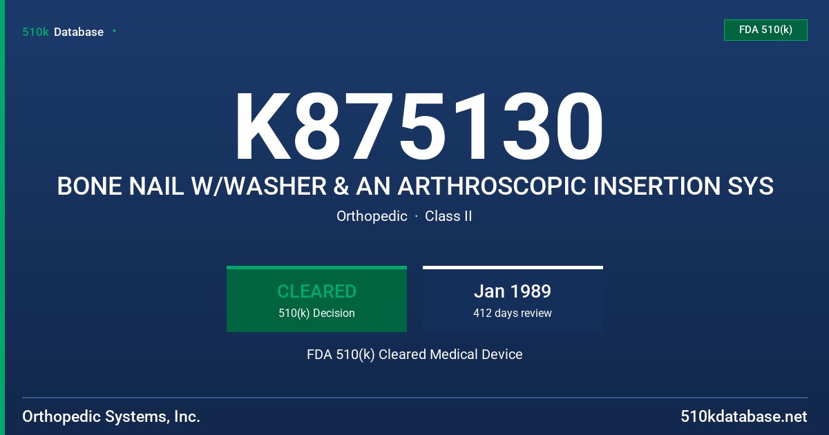 K875130 BONE NAIL W/WASHER & AN ARTHROSCOPIC INSERTION SYS FDA 510(k) Cleared Medical Device