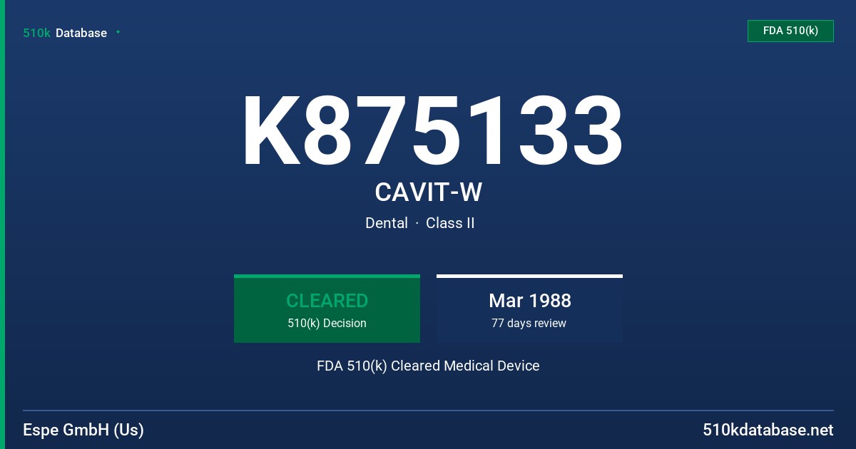 K875133 CAVIT-W FDA 510(k) Cleared Medical Device