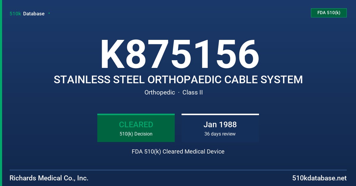 K875156 STAINLESS STEEL ORTHOPAEDIC CABLE SYSTEM FDA 510(k) Cleared Medical Device