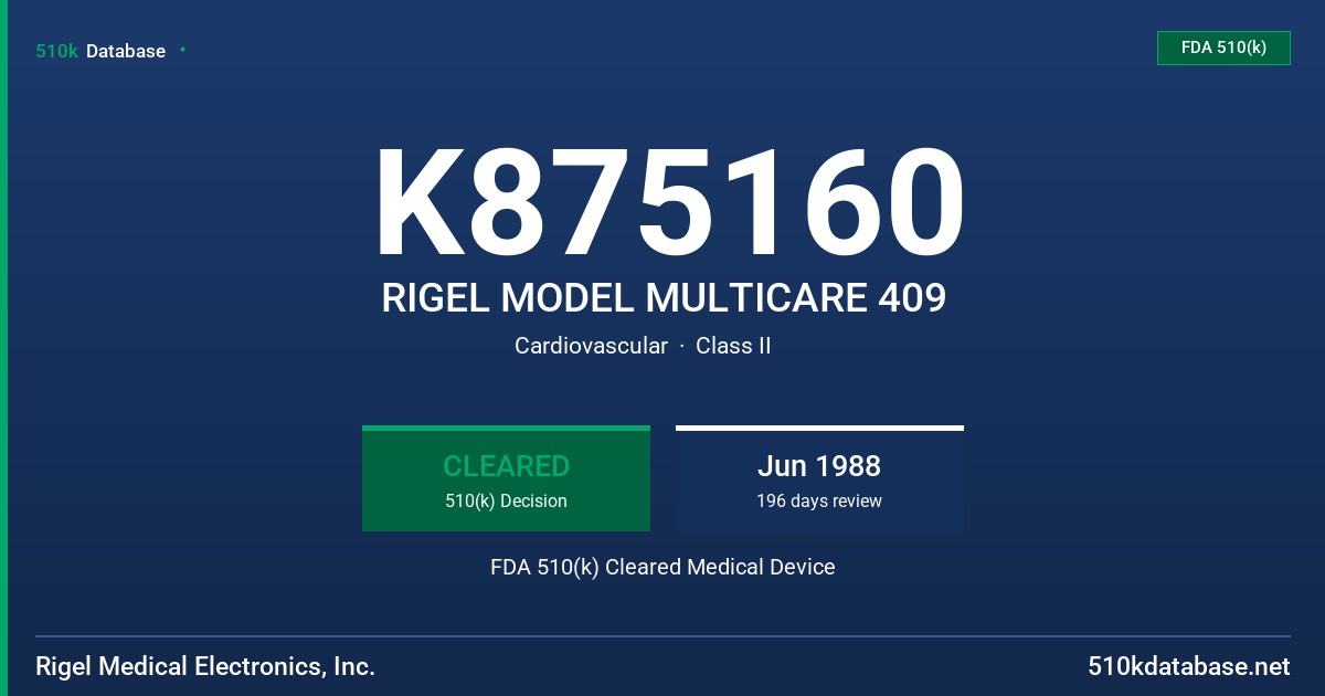 K875160 RIGEL MODEL MULTICARE 409 FDA 510(k) Cleared Medical Device