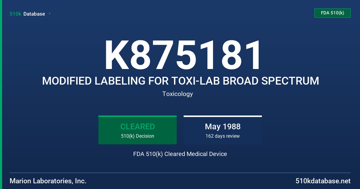 K875181 MODIFIED LABELING FOR TOXI-LAB BROAD SPECTRUM FDA 510(k) Cleared Medical Device