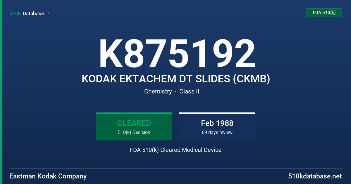 K875192 KODAK EKTACHEM DT SLIDES (CKMB) FDA 510(k) Cleared Medical Device