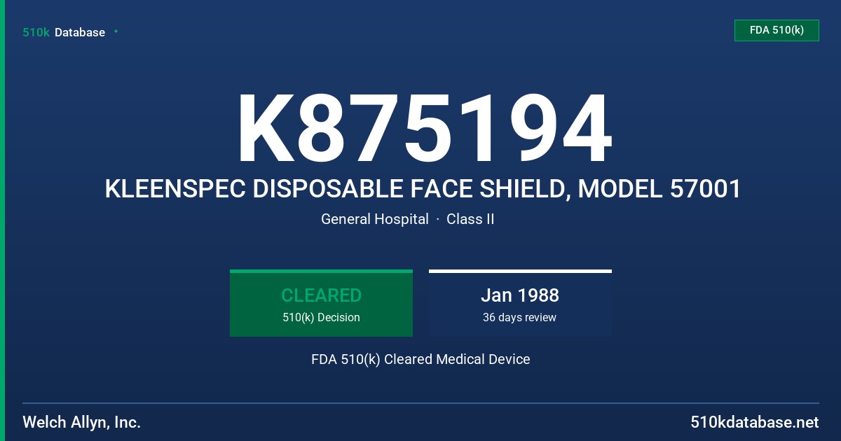 K875194 KLEENSPEC DISPOSABLE FACE SHIELD, MODEL 57001 FDA 510(k) Cleared Medical Device