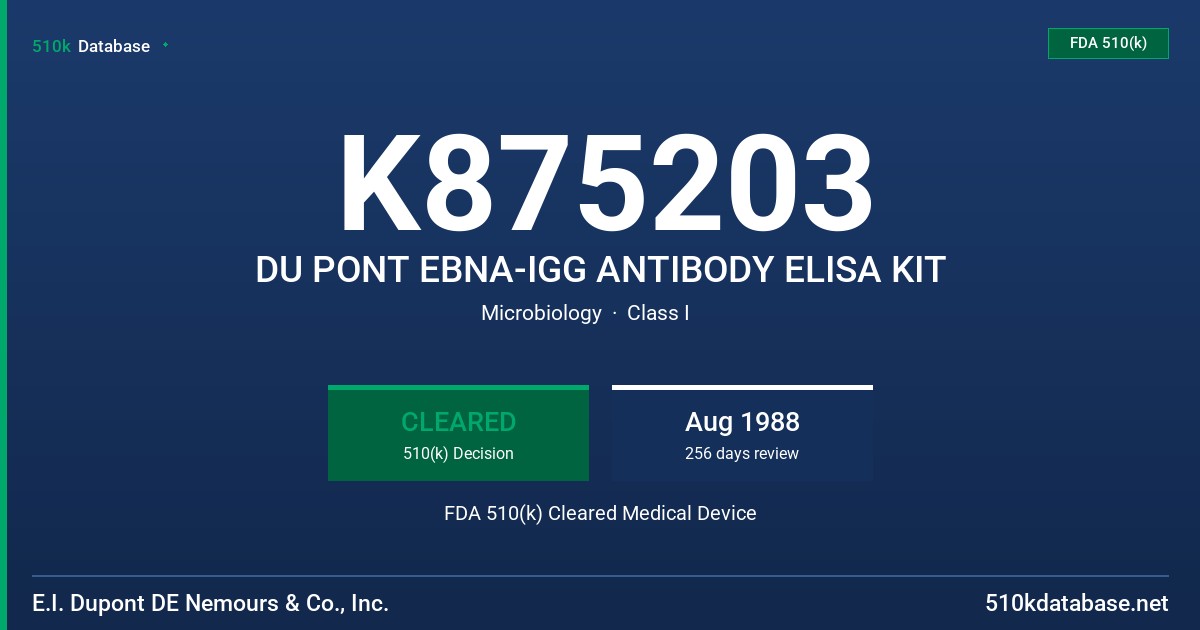 K875203 DU PONT EBNA-IGG ANTIBODY ELISA KIT FDA 510(k) Cleared Medical Device