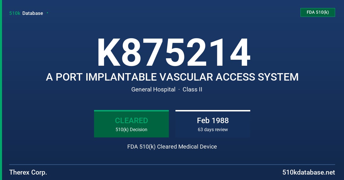 K875214 A PORT IMPLANTABLE VASCULAR ACCESS SYSTEM FDA 510(k) Cleared Medical Device