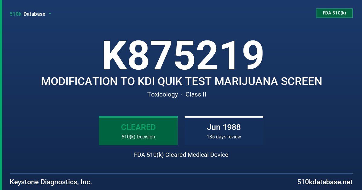 K875219 MODIFICATION TO KDI QUIK TEST MARIJUANA SCREEN FDA 510(k) Cleared Medical Device