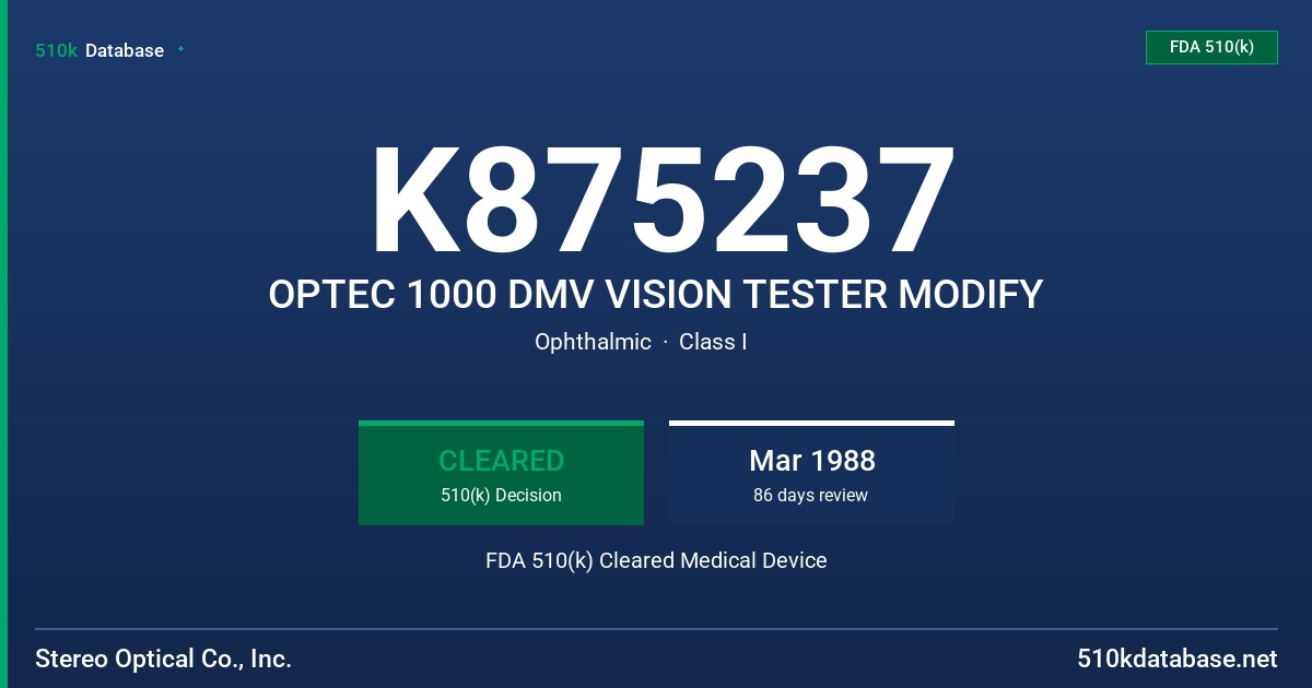 K875237 OPTEC 1000 DMV VISION TESTER MODIFY FDA 510(k) Cleared Medical Device