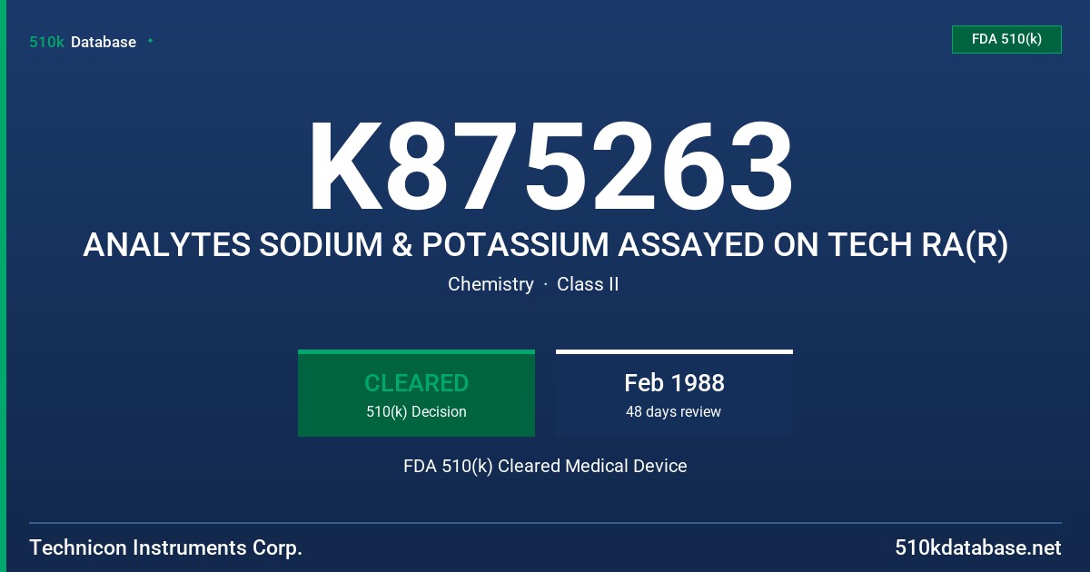 K875263 ANALYTES SODIUM & POTASSIUM ASSAYED ON TECH RA(R) FDA 510(k) Cleared Medical Device