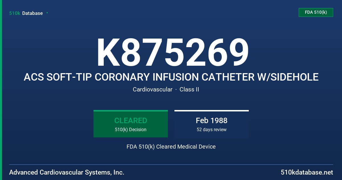 K875269 ACS SOFT-TIP CORONARY INFUSION CATHETER W/SIDEHOLE FDA 510(k) Cleared Medical Device