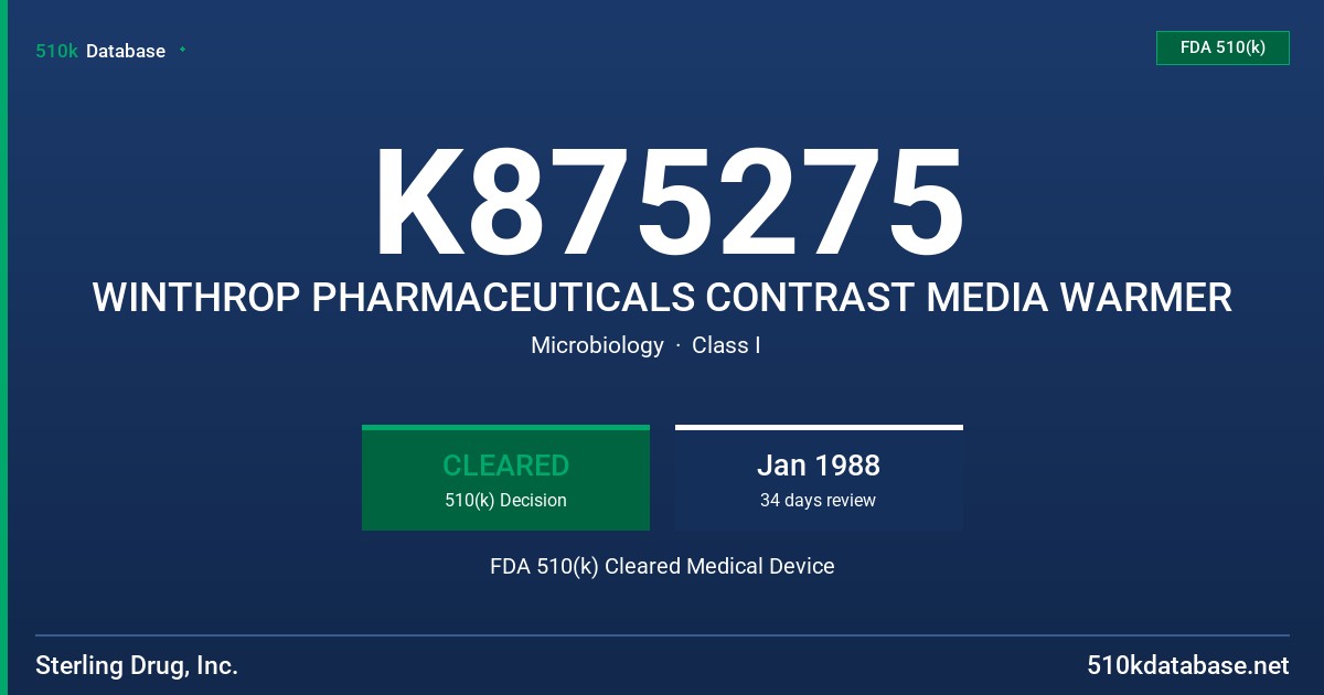 K875275 WINTHROP PHARMACEUTICALS CONTRAST MEDIA WARMER FDA 510(k) Cleared Medical Device