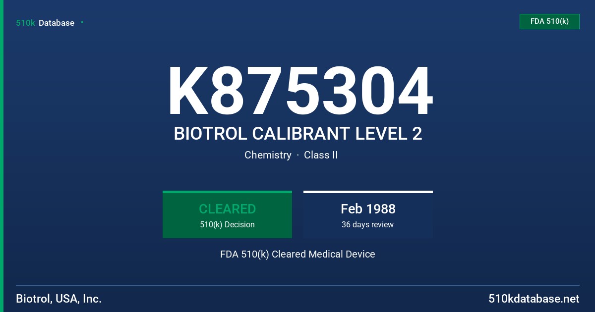 K875304 BIOTROL CALIBRANT LEVEL 2 FDA 510(k) Cleared Medical Device